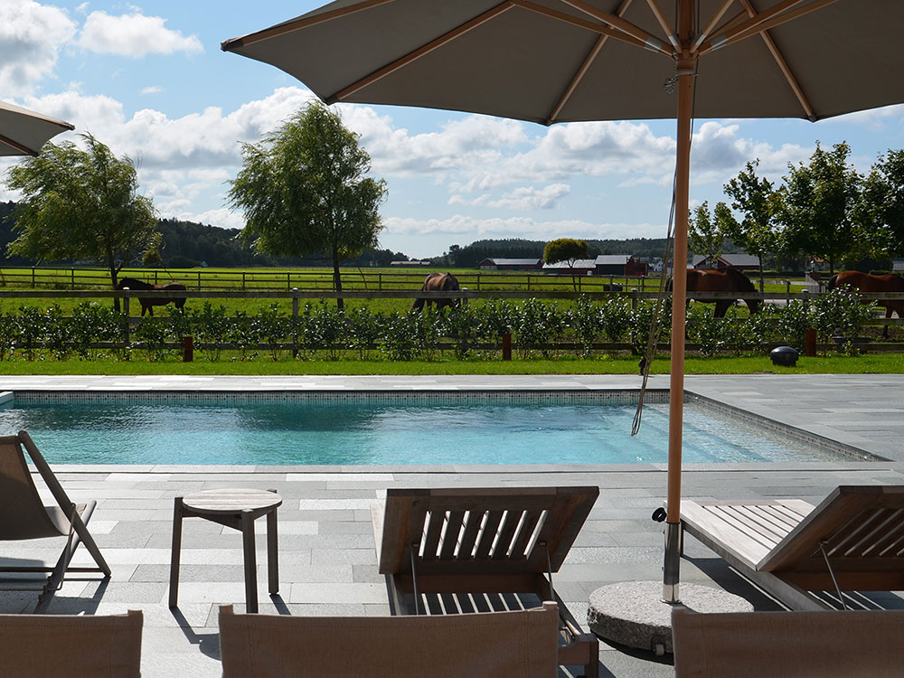 Ljuvlig utsikt från relaxområdet med pool i förgrunden till hästhagen, vår kund vill gärna inspirera